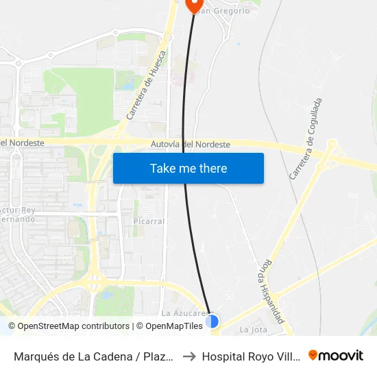 Marqués de La Cadena / Plaza Mozart to Hospital Royo Villanova map