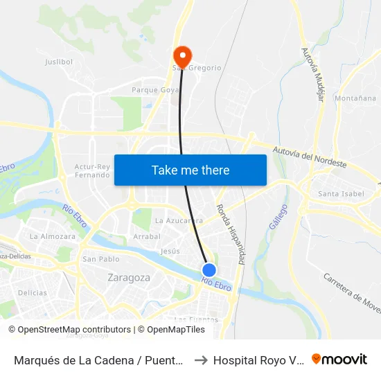 Marqués de La Cadena / Puente de La Unión to Hospital Royo Villanova map