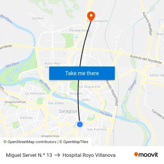 Miguel Servet N.º 13 to Hospital Royo Villanova map