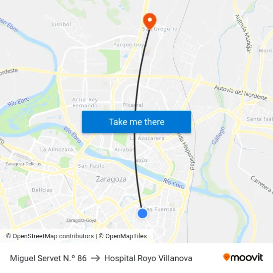 Miguel Servet N.º 86 to Hospital Royo Villanova map