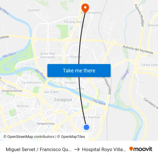 Miguel Servet / Francisco Quevedo to Hospital Royo Villanova map
