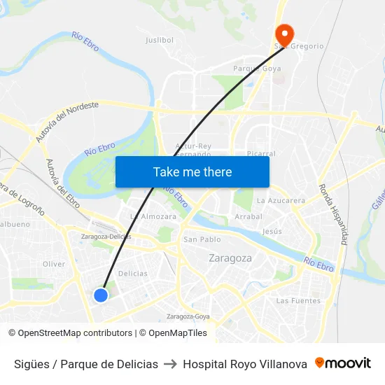 Sigües / Parque de Delicias to Hospital Royo Villanova map