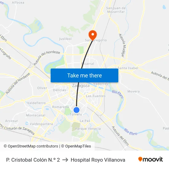 P. Cristobal Colón N.º 2 to Hospital Royo Villanova map