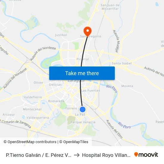P.Tierno Galván / E. Pérez Vidal to Hospital Royo Villanova map