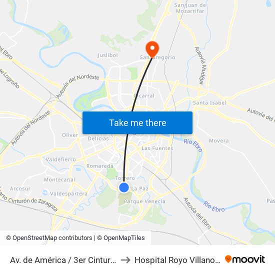 Av. de América / 3er Cinturón to Hospital Royo Villanova map