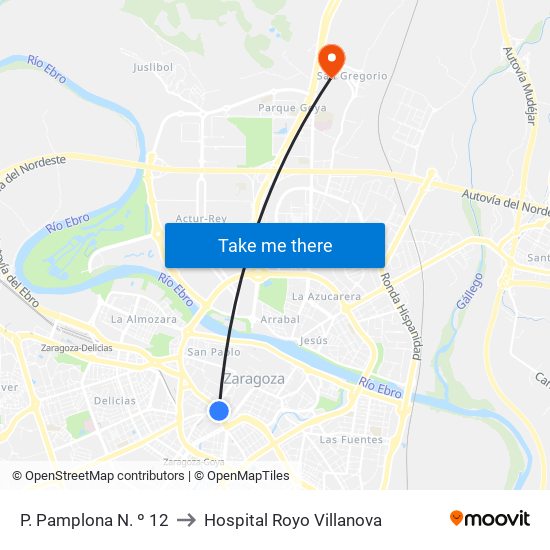 P. Pamplona N. º 12 to Hospital Royo Villanova map