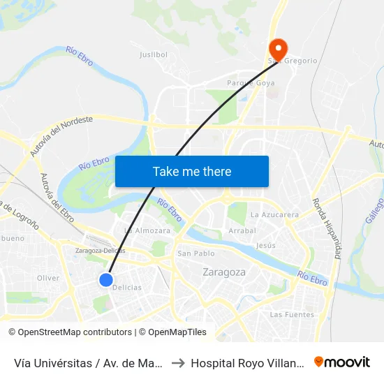 Vía Univérsitas / Av. de Madrid to Hospital Royo Villanova map