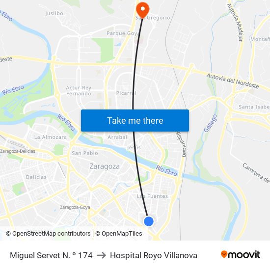 Miguel Servet N. º 174 to Hospital Royo Villanova map