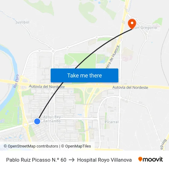 Pablo Ruiz Picasso N.º 60 to Hospital Royo Villanova map
