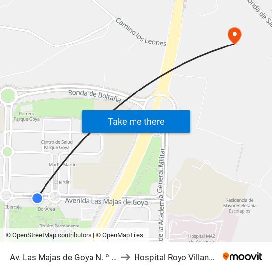 Av.  Las Majas de Goya N. º 15 to Hospital Royo Villanova map