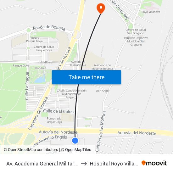 Av. Academia General Militar N. º 7 to Hospital Royo Villanova map