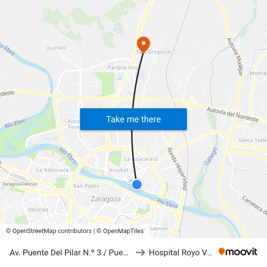 Av. Puente Del Pilar N.º 3 / Puente de Hierro to Hospital Royo Villanova map