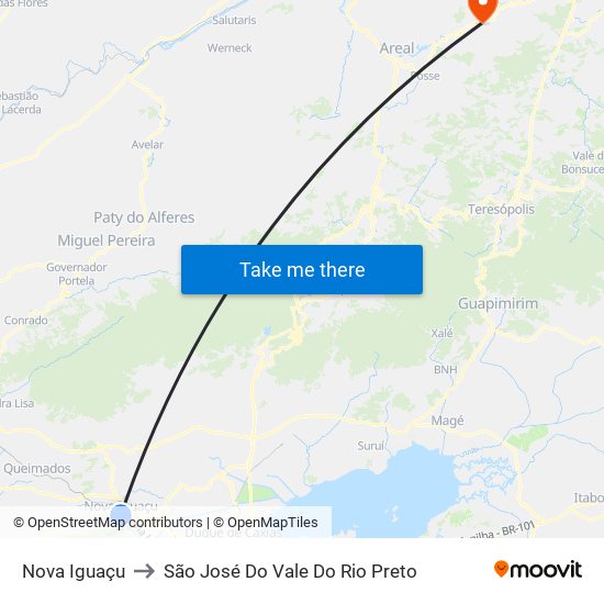 Nova Iguaçu to São José Do Vale Do Rio Preto map
