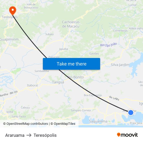 Araruama to Teresópolis map