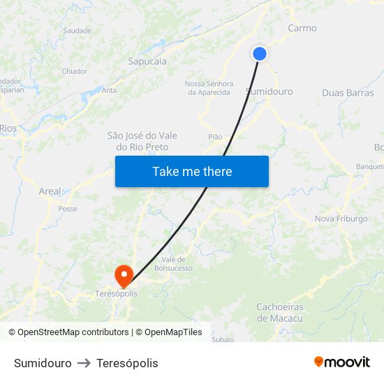 Sumidouro to Teresópolis map