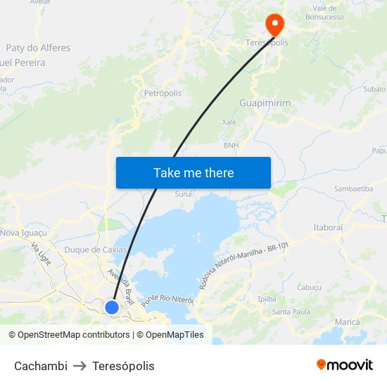 Cachambi to Teresópolis map