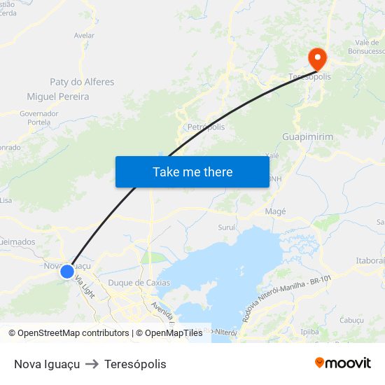 Nova Iguaçu to Teresópolis map