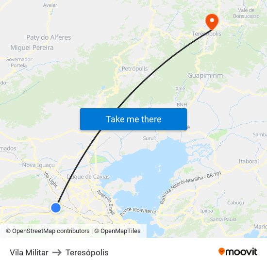 Vila Militar to Teresópolis map