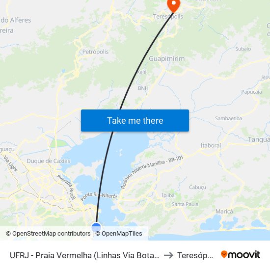 UFRJ - Praia Vermelha (Linhas Via Botafogo) to Teresópolis map