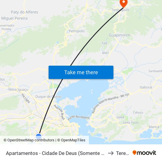 Apartamentos - Cidade De Deus (Somente Sentido Linha Amarela / Cidade De Deus) to Teresópolis map