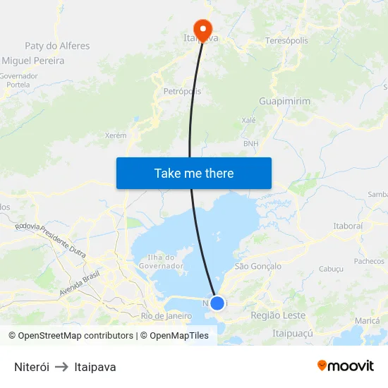 Niterói to Itaipava map