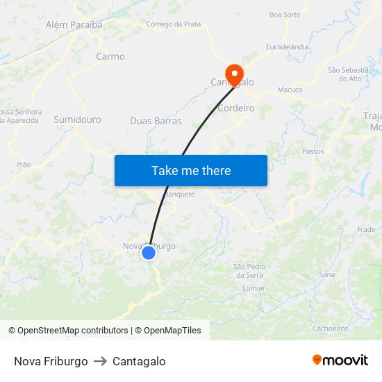 Nova Friburgo to Cantagalo map