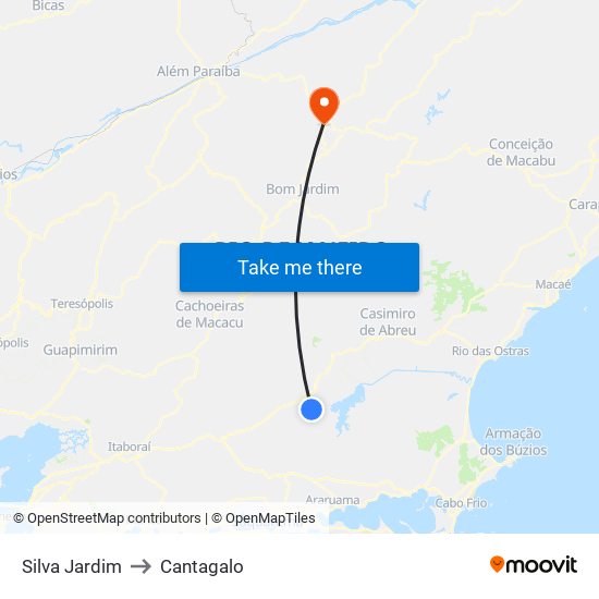 Silva Jardim to Cantagalo map