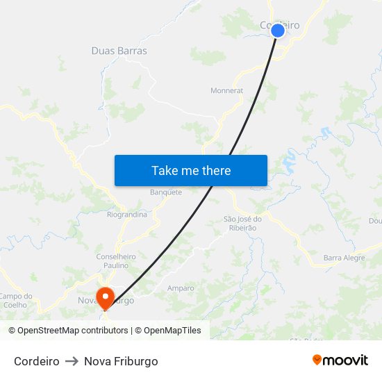 Cordeiro to Nova Friburgo map