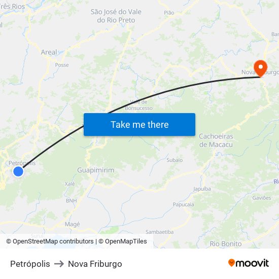 Petrópolis to Nova Friburgo map