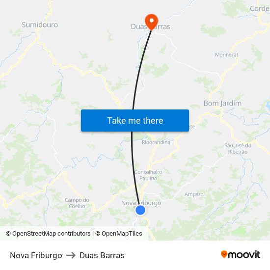 Nova Friburgo to Duas Barras map