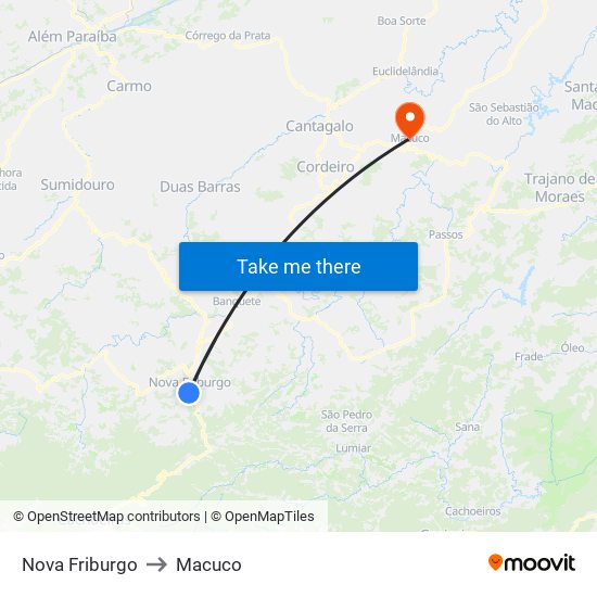 Nova Friburgo to Macuco map