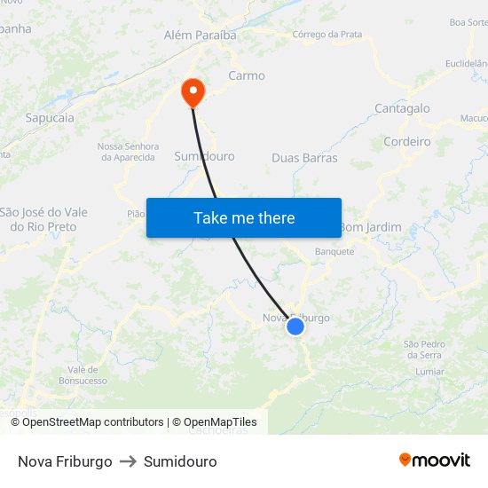 Nova Friburgo to Sumidouro map