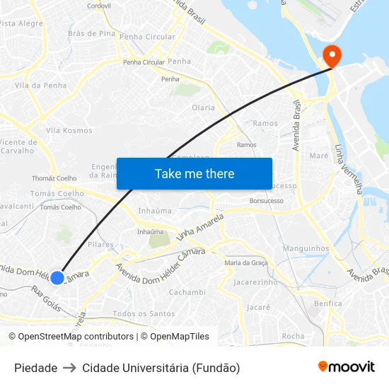 Piedade to Cidade Universitária (Fundão) map