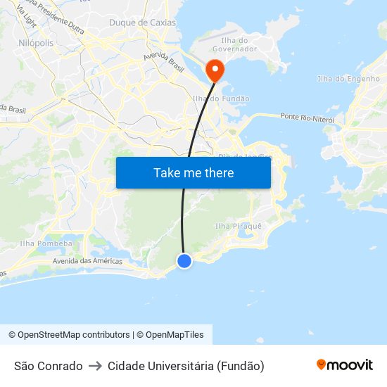 São Conrado to Cidade Universitária (Fundão) map