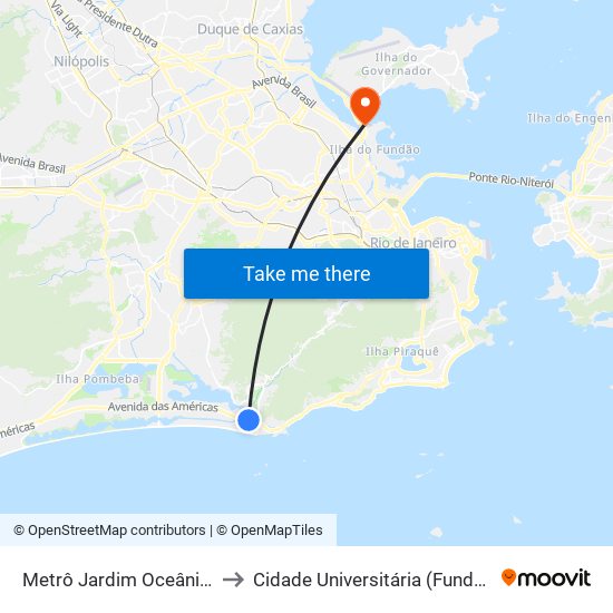 Metrô Jardim Oceânico to Cidade Universitária (Fundão) map