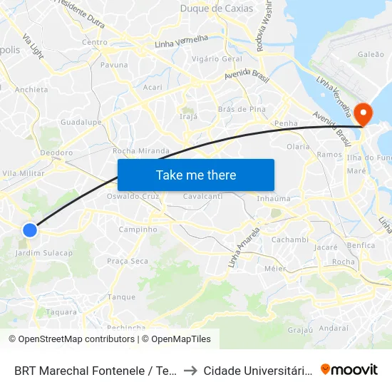 BRT Marechal Fontenele / Terminal Sulacap to Cidade Universitária (Fundão) map