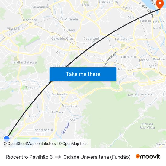 Riocentro Pavilhão 3 to Cidade Universitária (Fundão) map