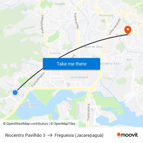 Riocentro Pavilhão 3 to Freguesia (Jacarepaguá) map