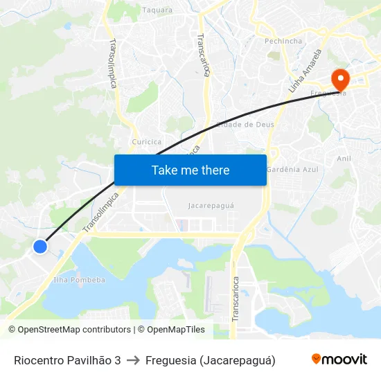 Riocentro Pavilhão 3 to Freguesia (Jacarepaguá) map