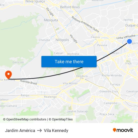 Jardim América to Vila Kennedy map