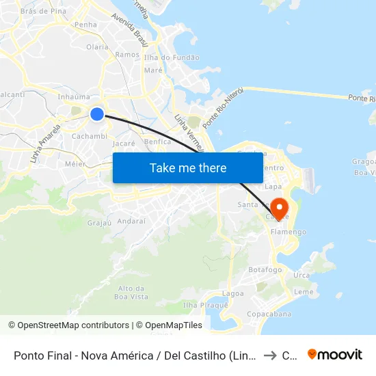 Ponto Final - Nova América / Del Castilho (Linhas 616/913 - Integração Fundão) to Catete map
