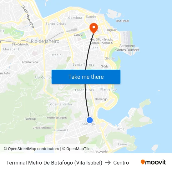 Terminal Metrô De Botafogo (Vila Isabel) to Centro map