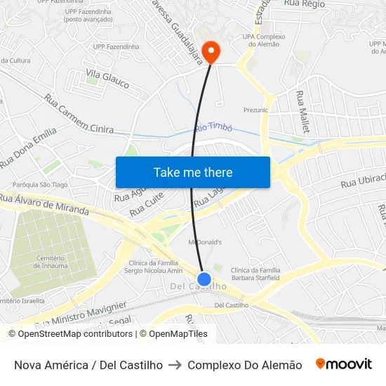 Nova América / Del Castilho to Complexo Do Alemão map