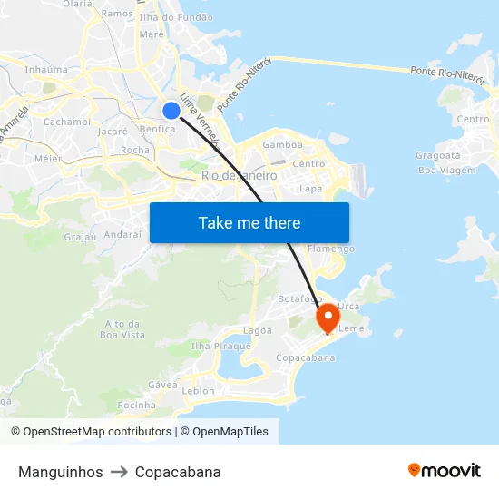 Manguinhos to Copacabana map