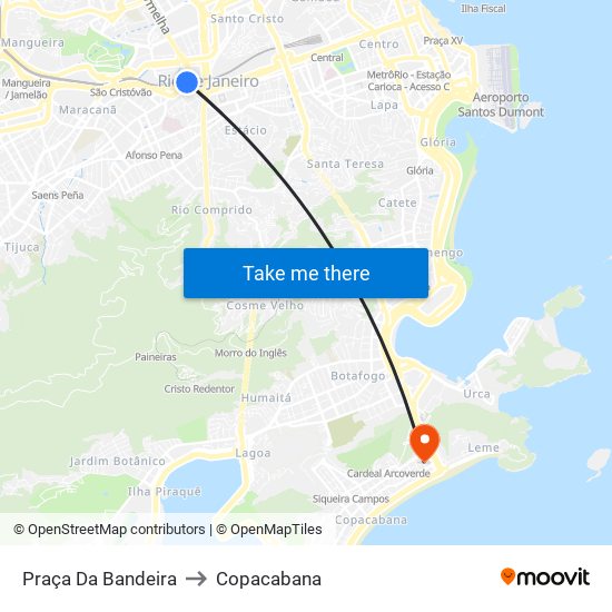 Praça Da Bandeira to Copacabana map