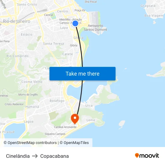 Cinelândia to Copacabana map