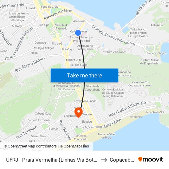 UFRJ - Praia Vermelha (Linhas Via Botafogo) to Copacabana map