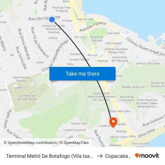Terminal Metrô De Botafogo (Vila Isabel) to Copacabana map