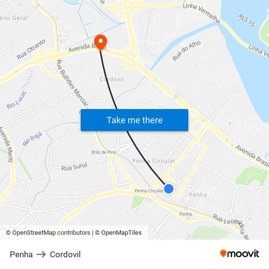 Penha to Cordovil map
