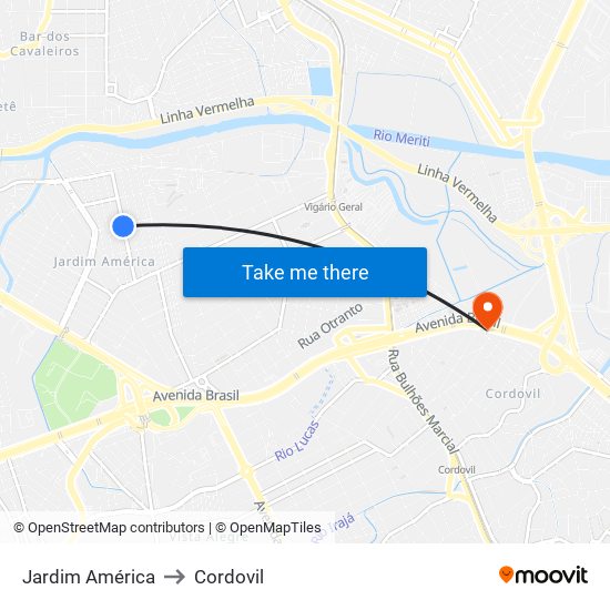 Jardim América to Cordovil map